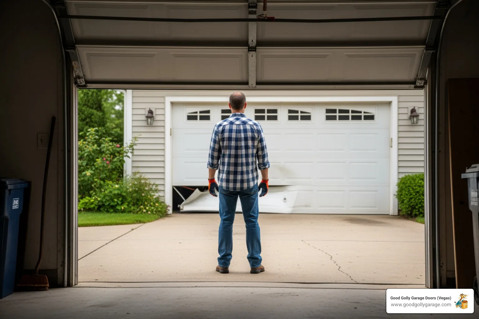 image of a homeowner safely waiting away from the garage door - emergency broken garage door las vegas nv
