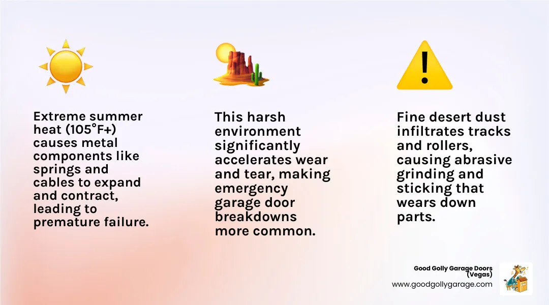Infographic showing how Las Vegas extreme heat causes metal garage door components like springs and tracks to expand and contract leading to premature wear, while fine desert dust acts like sandpaper in rollers and tracks causing grinding, sticking, and sudden failures, with temperature icon showing 105°F+ and dust particles illustrated - emergency broken garage door las vegas nv infographic 3_facts_emoji_light-gradient