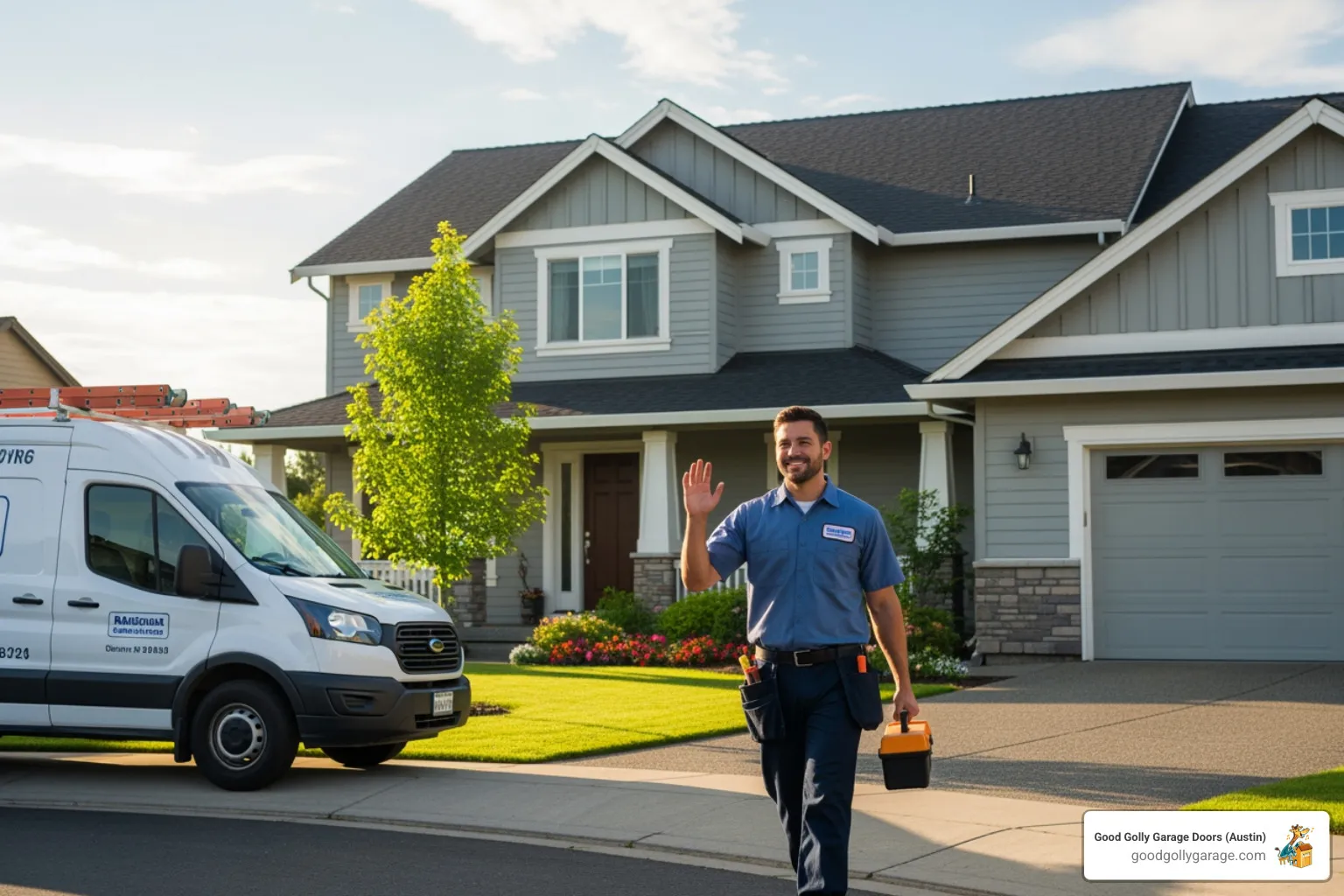 A friendly technician arriving in a service van - emergency garage door opener installation in pflugerville tx