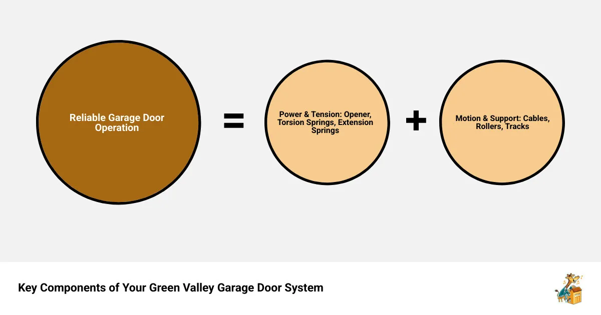 Infographic showing the main components of a residential garage door system including torsion springs, extension springs, lift cables, rollers, tracks, hinges, safety sensors, and opener unit with labels pointing to each part - broken garage door solutions green valley nv infographic sum_of_parts