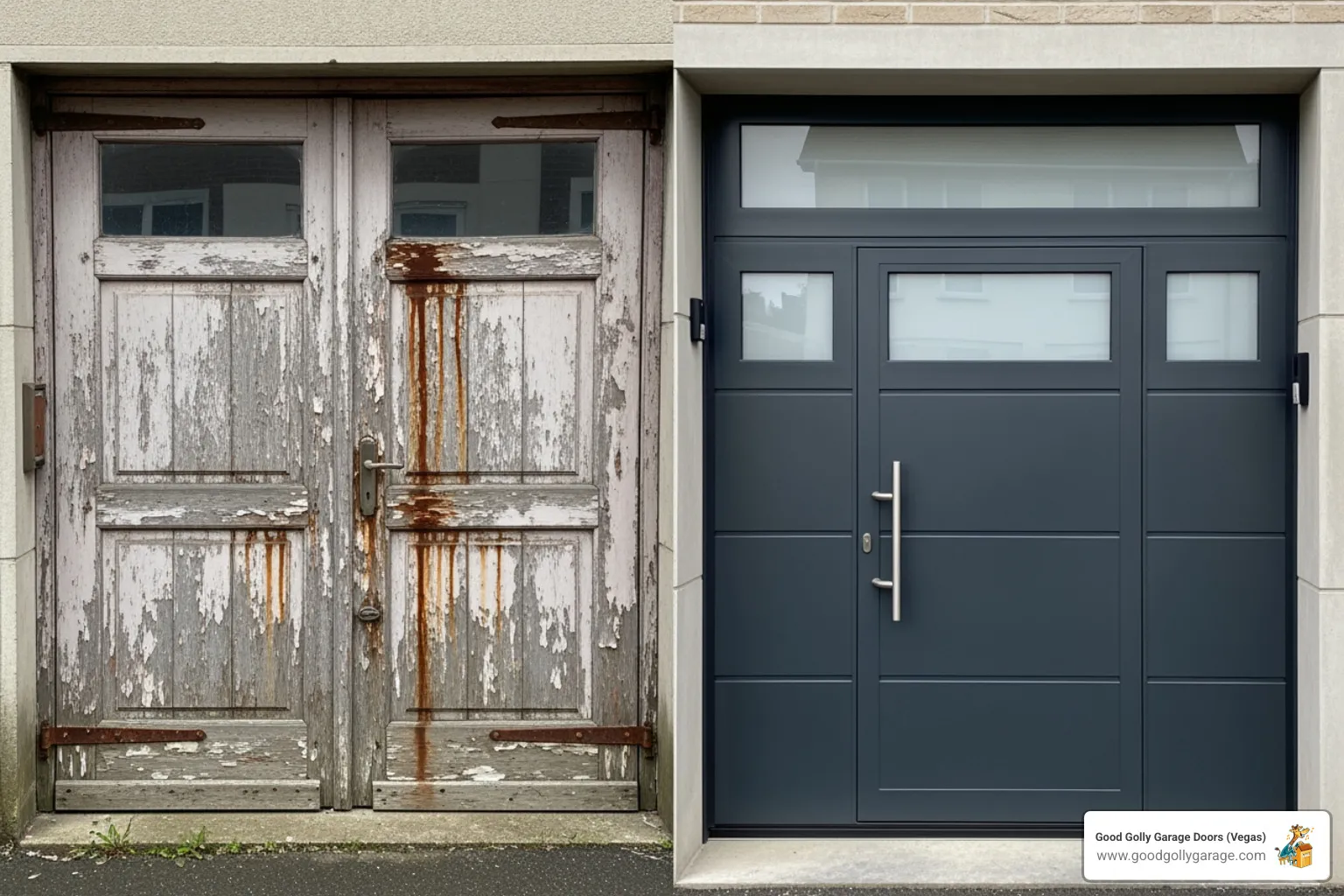 A side-by-side comparison of an old, dented, and worn garage door on the left, next to a new, modern, and stylish garage door on the right. - broken garage door solutions green valley nv