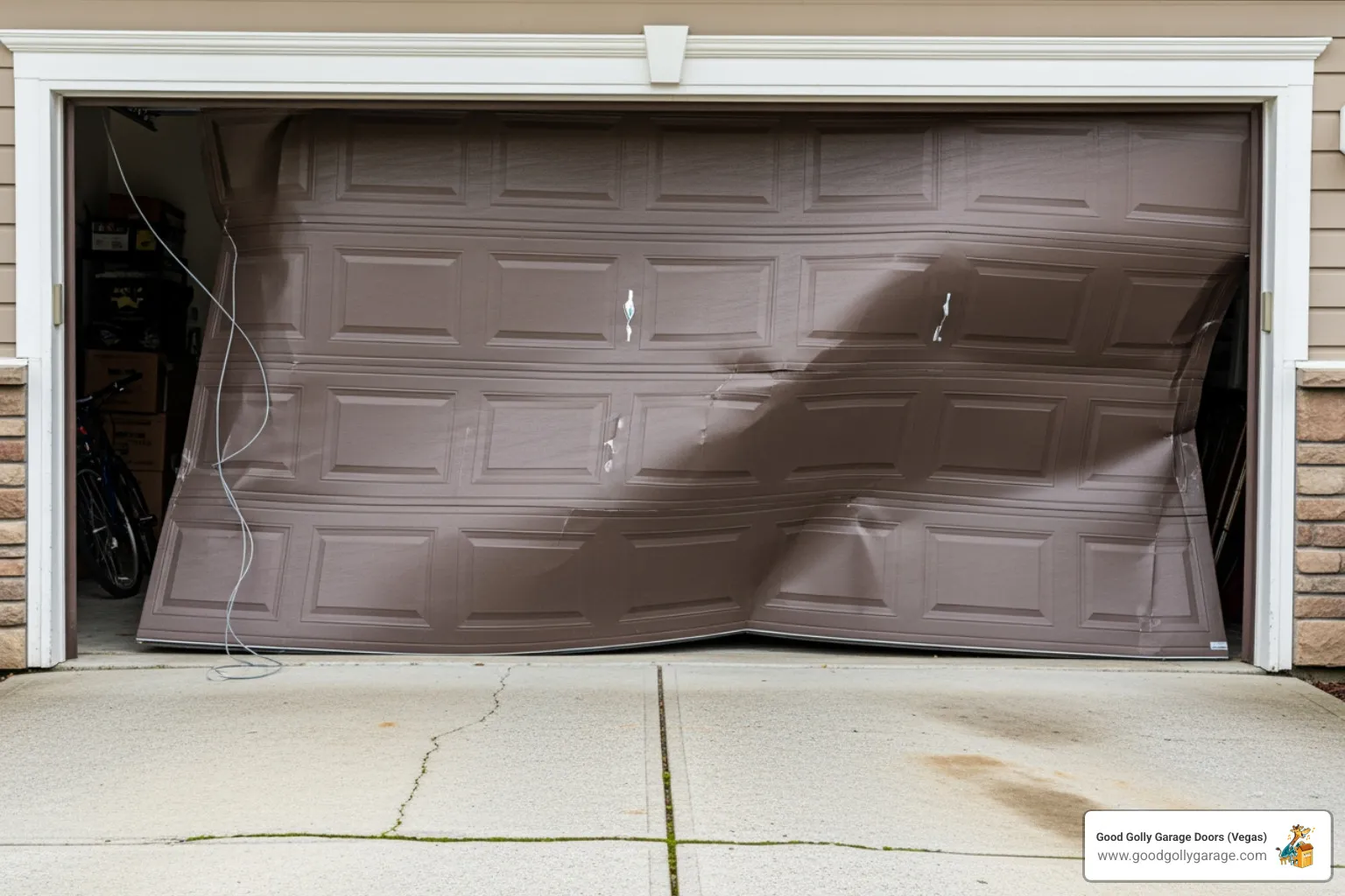 A garage door that is visibly crooked and stuck halfway open, indicating a serious malfunction. - broken garage door solutions green valley nv