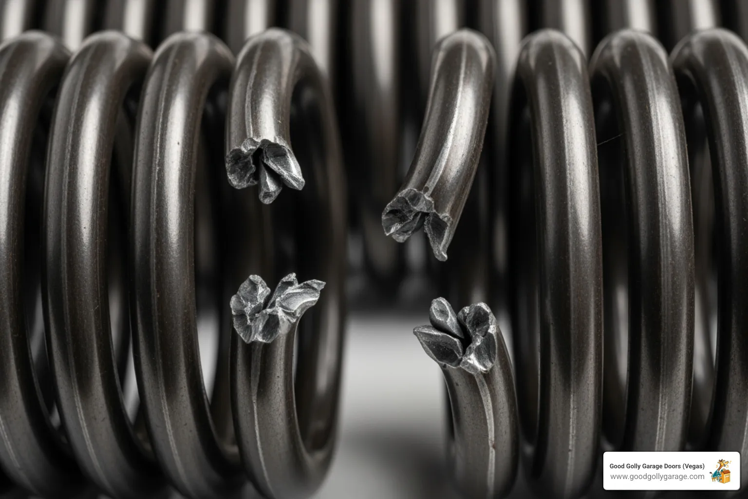 A close-up on a snapped garage door torsion spring, coiled tightly, with the break clearly visible in the middle. - broken garage door solutions green valley nv