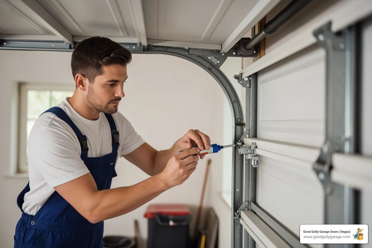 A professional technician carefully lubricating the hinges of a residential garage door during a routine maintenance check, ensuring smooth operation. - broken garage door solutions green valley nv