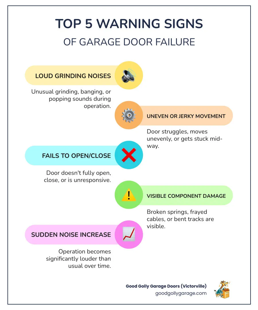 infographic showing the top 5 warning signs of garage door failure including loud grinding noises, uneven or jerky movement, door failing to open or close completely, visible damage to springs or cables, and sudden increases in operation noise - emergency broken garage door in apple valley ca infographic infographic-line-5-steps-colors