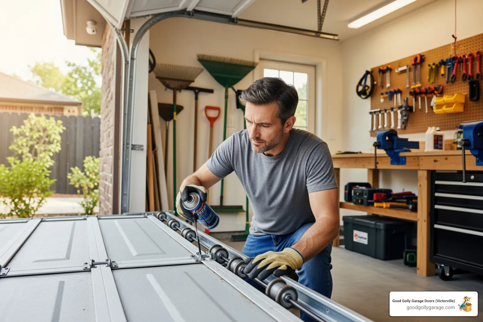 Homeowner Lubricating Garage Door Rollers - emergency broken garage door in apple valley ca