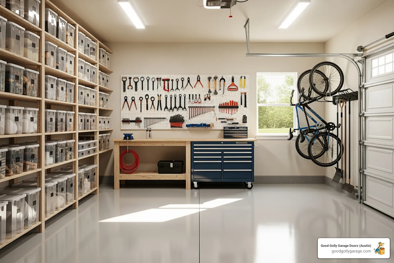 A clean, well-maintained, and organized garage in a Georgetown home, showcasing good preventative measures. - emergency garage door opener repair in georgetown tx