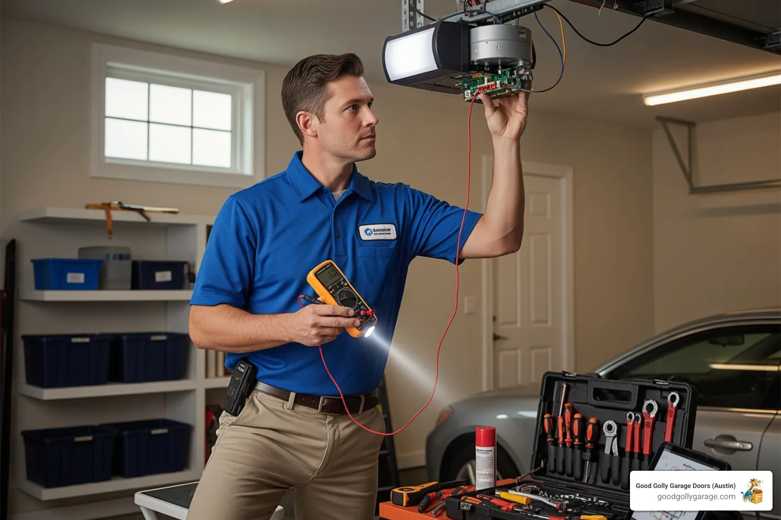 A technician in a professional uniform inspecting a garage door opener motor with diagnostic tools. - emergency garage door opener repair in georgetown tx