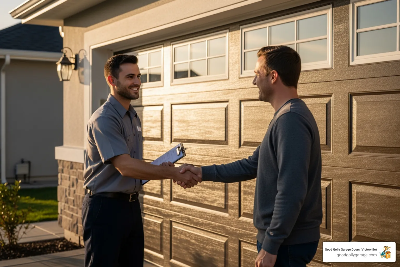 friendly technician shaking hands with a happy homeowner - garage door installation in oak hills ca