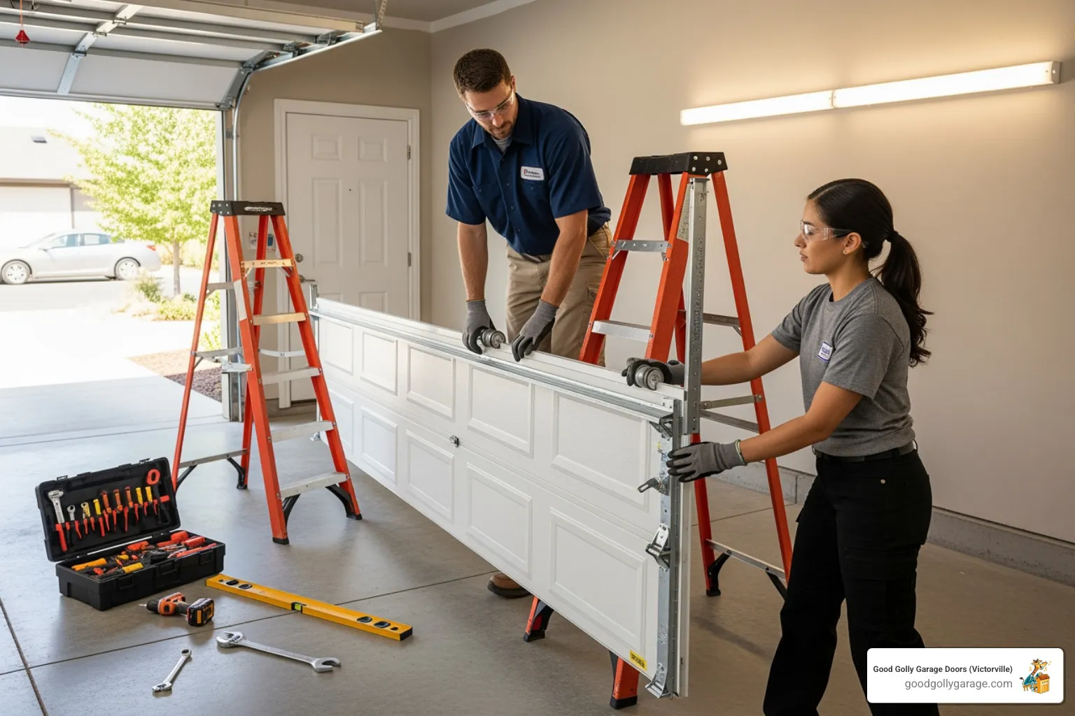 technicians mounting a garage door panel onto tracks - garage door installation in oak hills ca