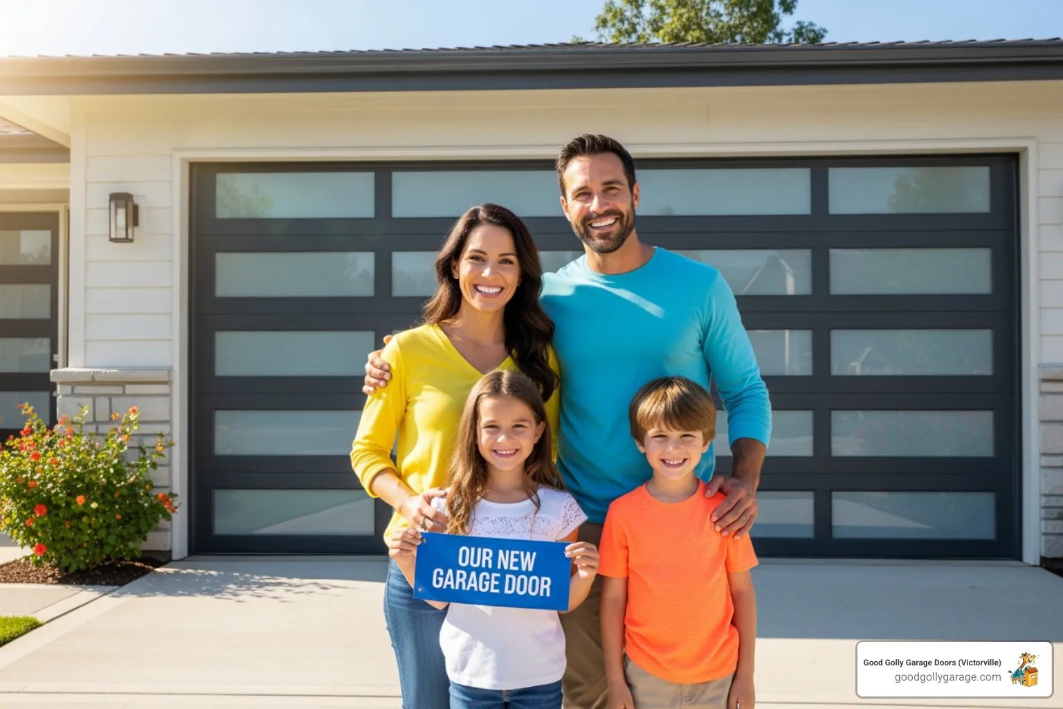 family smiling with new garage door - emergency garage door installation in helendale ca