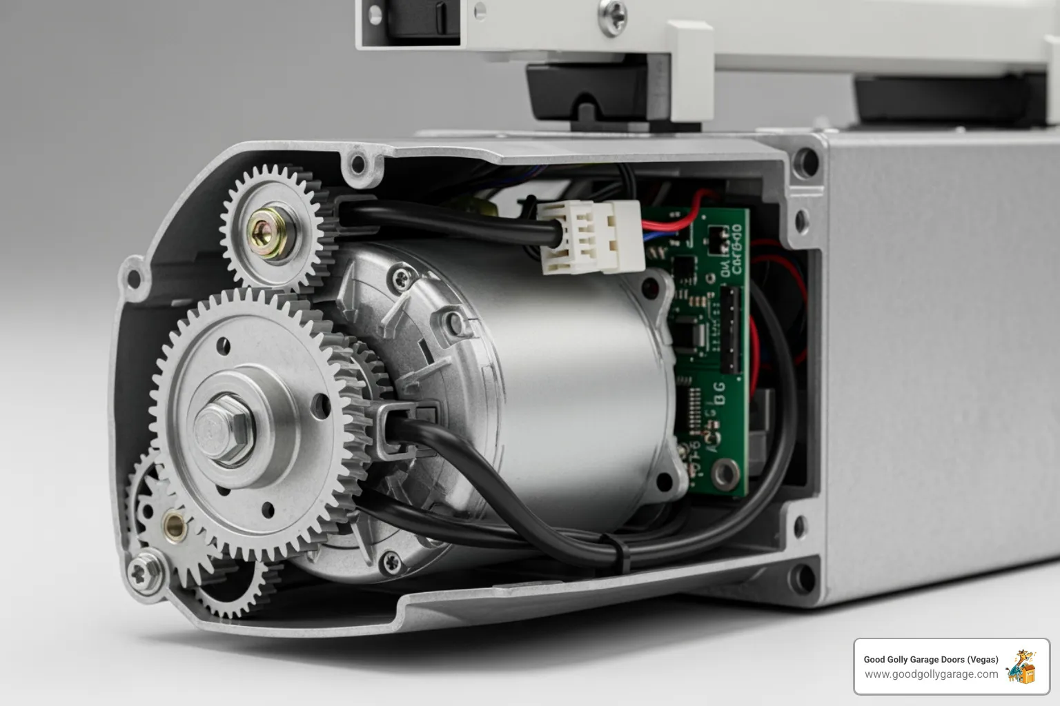 Garage door opener motor unit with labels pointing to key components - garage door opener repair summerlin nv