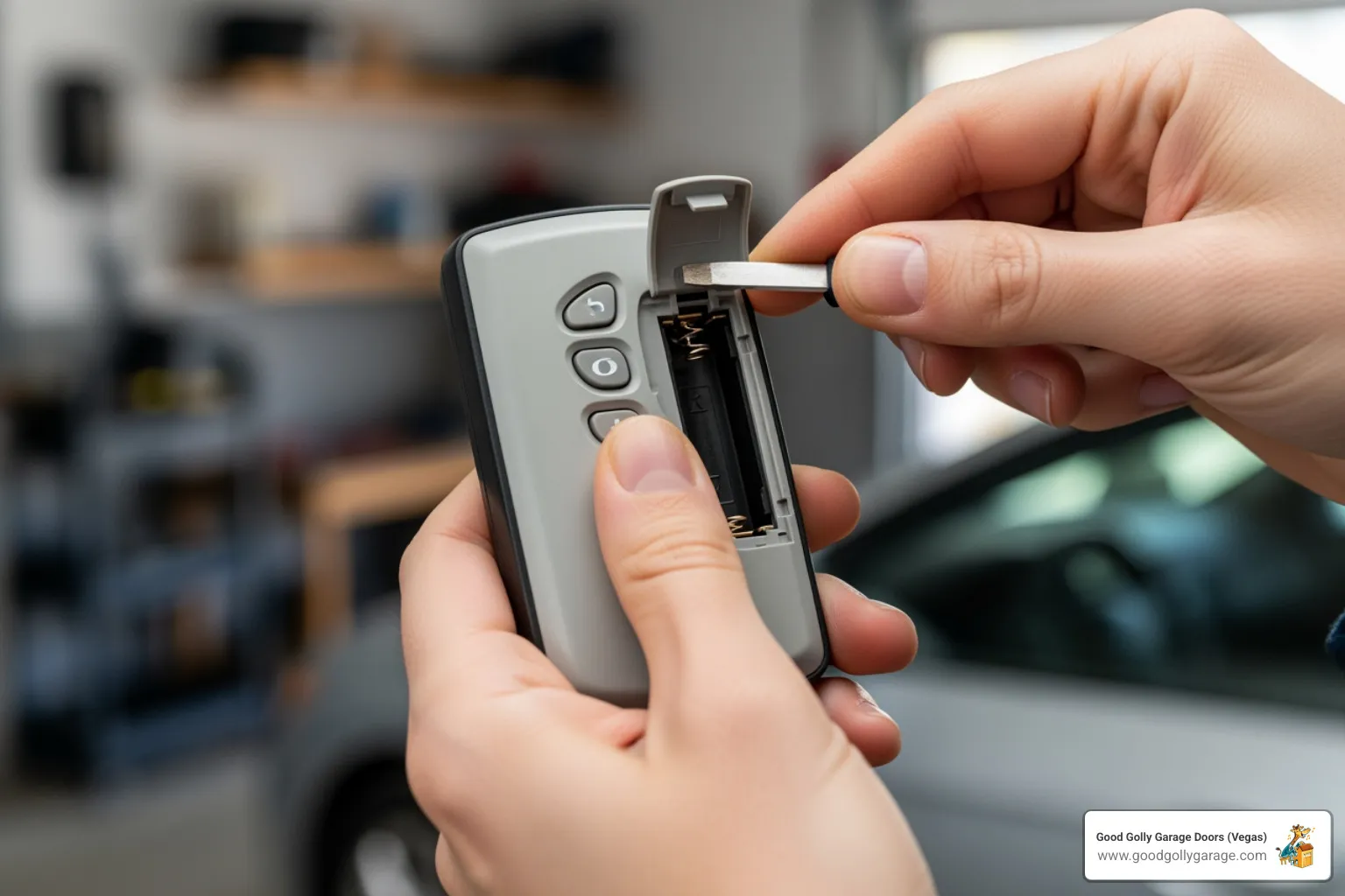 Homeowner checking the batteries in a garage door remote - garage door opener repair summerlin nv