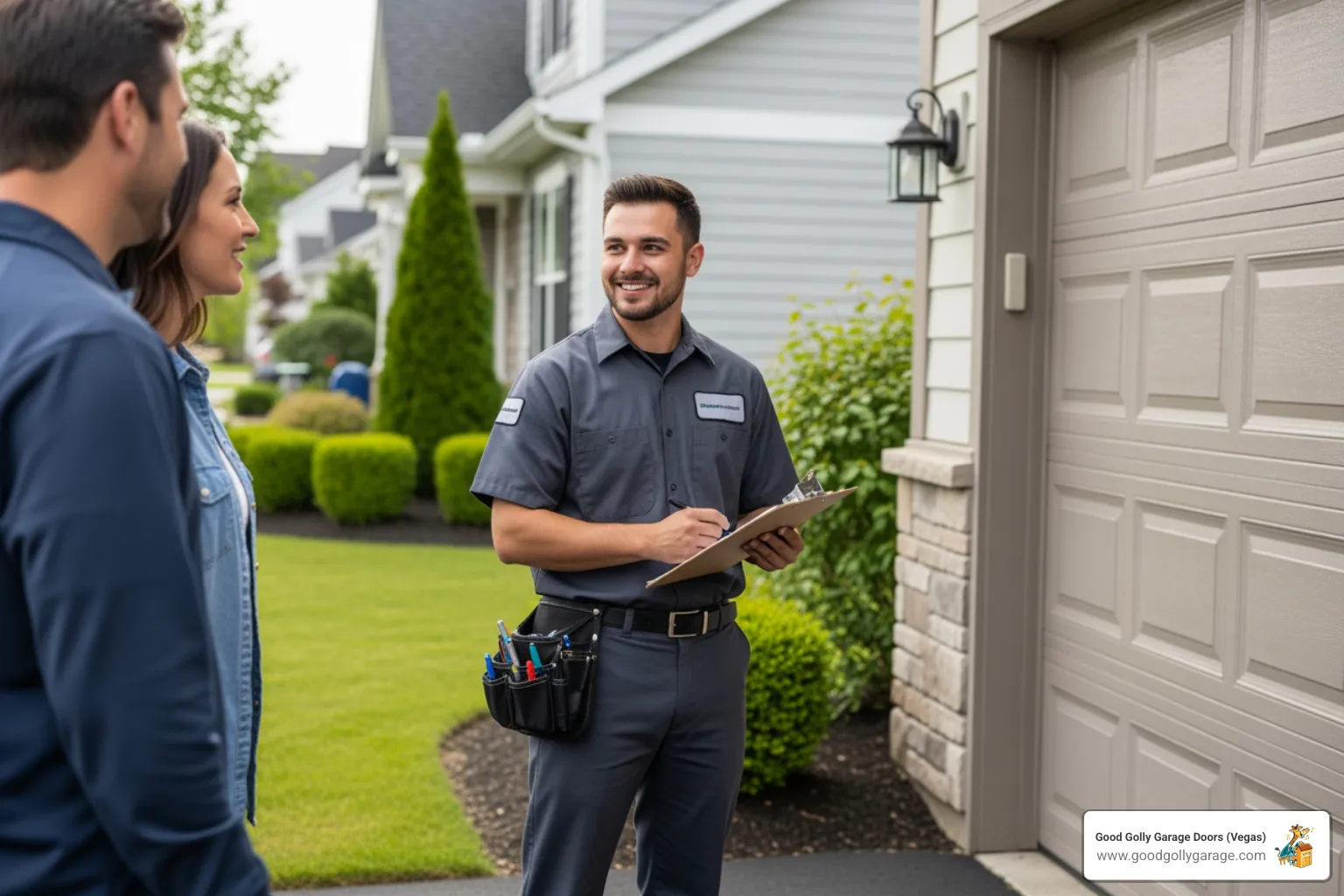 Friendly technician talking with a homeowner in front of a garage - garage door opener repair summerlin nv