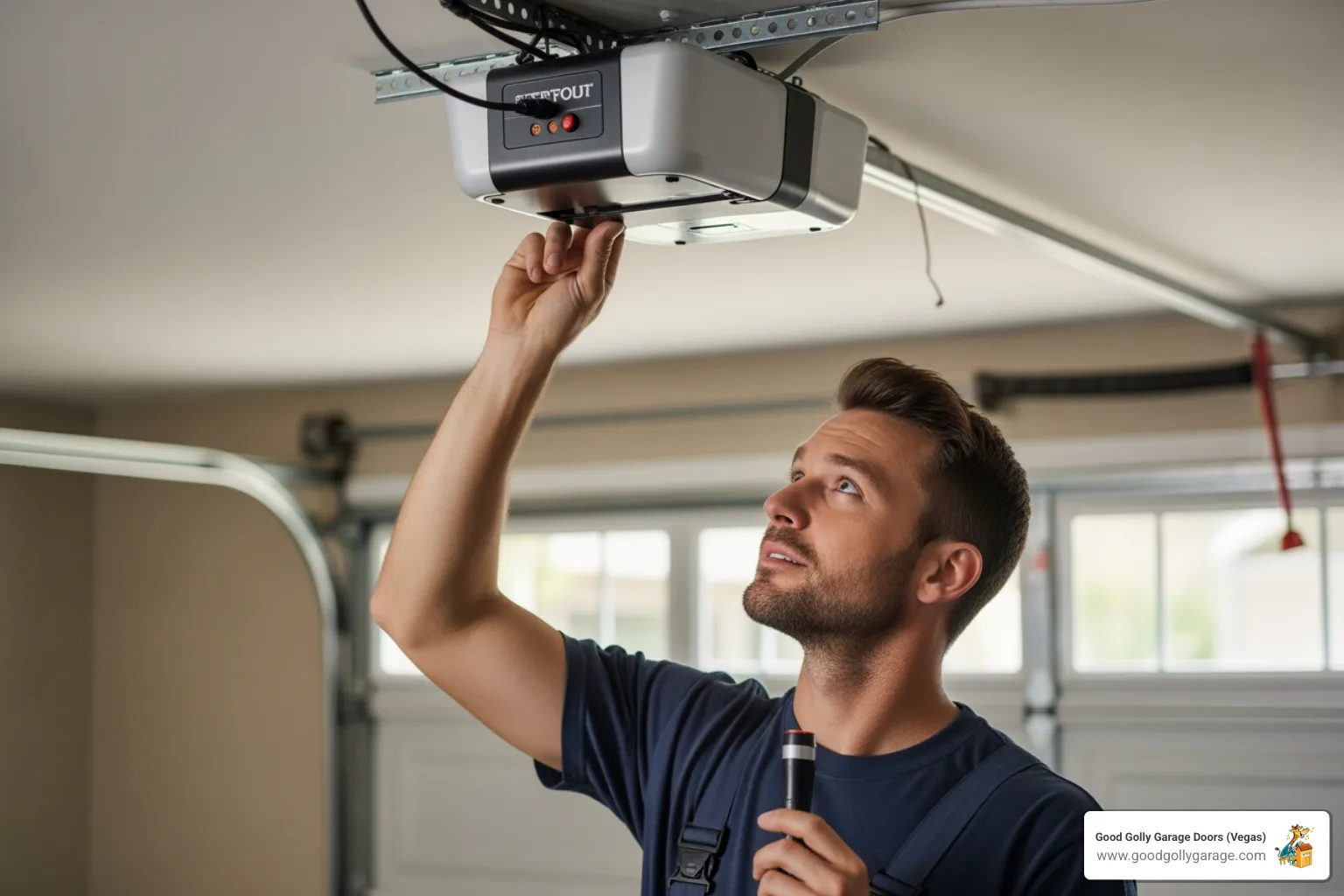 friendly technician inspecting garage door opener - garage door opener repair las vegas nv