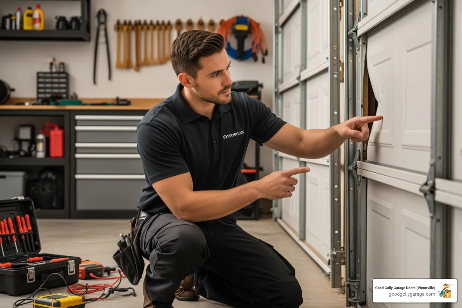 technician assessing damaged garage door - Emergency Garage Door Installation in Helendale CA