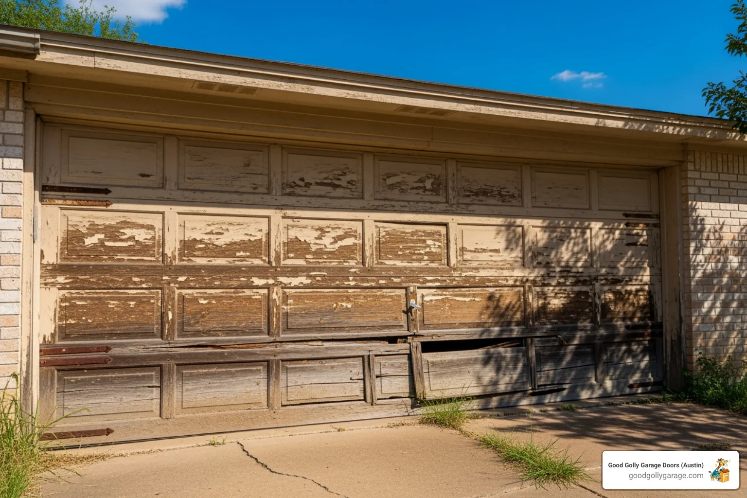 Sun-beaten, weathered garage door on a hot Texas day - why is my broken garage door in bee cave tx
