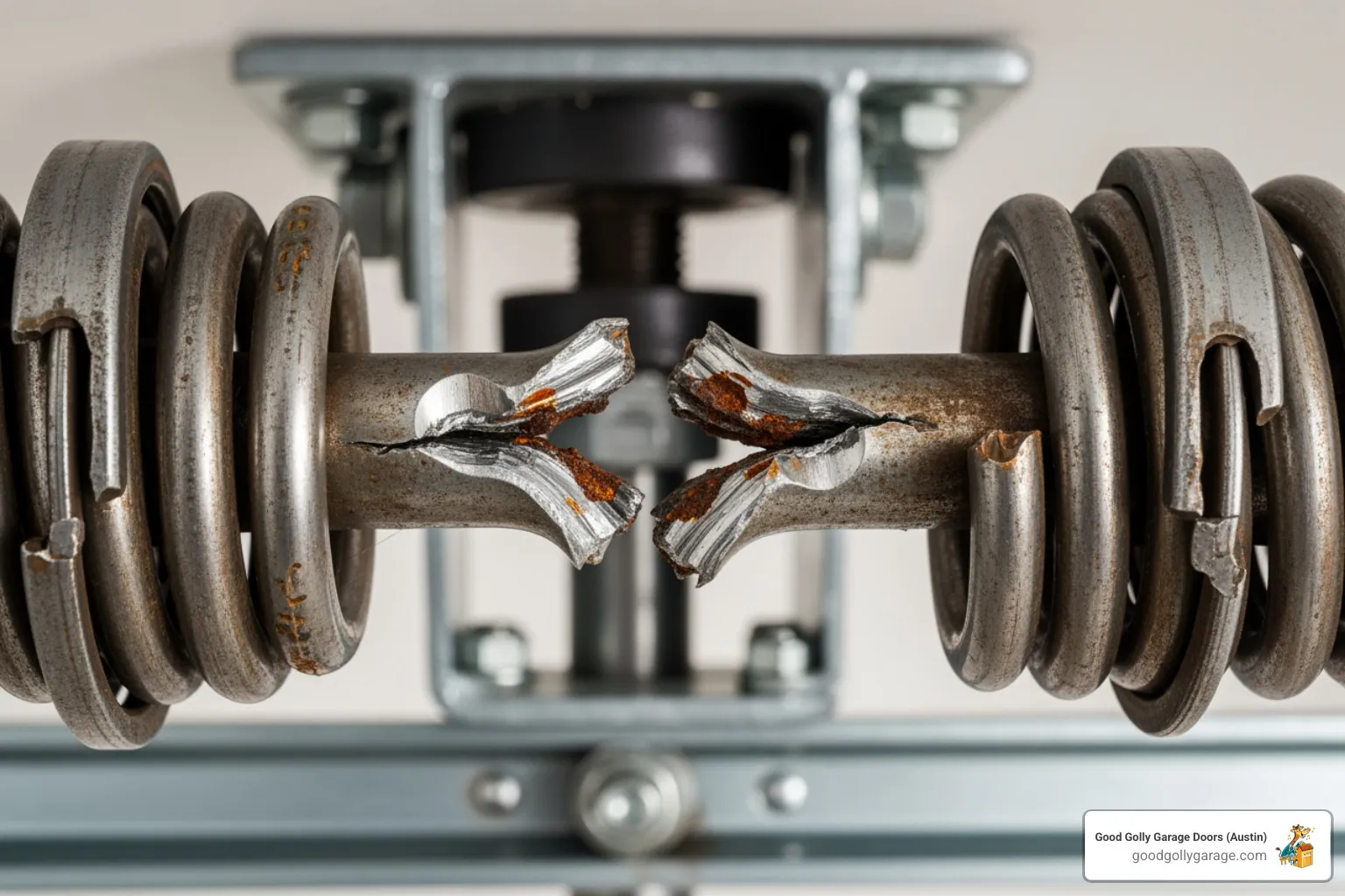 Close-up of a broken torsion spring on a garage door system - why is my broken garage door in bee cave tx