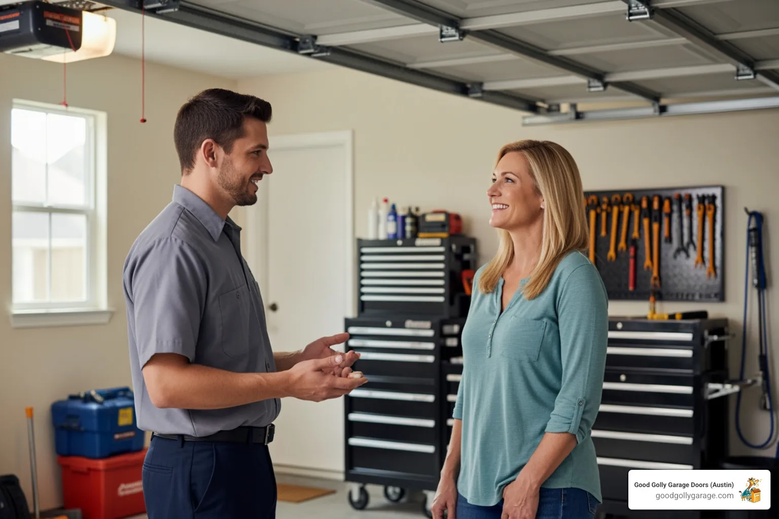 A friendly, professional technician in a clean uniform is conversing with a smiling homeowner in a well-maintained Pflugerville garage - garage door opener repair in pflugerville tx
