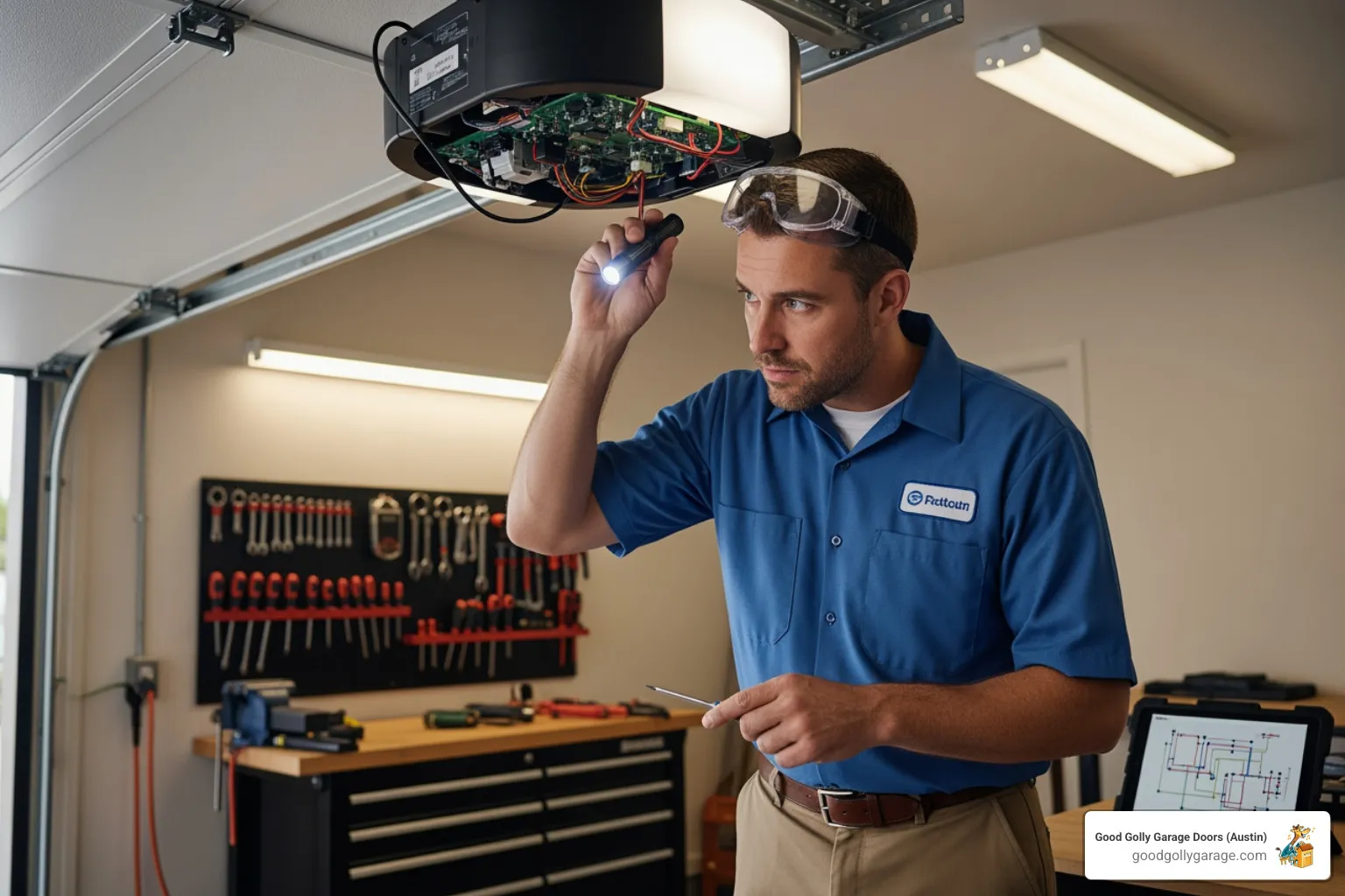 A professional technician, wearing a clean uniform, is carefully inspecting the internal components of a garage door opener, with safety goggles on - garage door opener repair in pflugerville tx