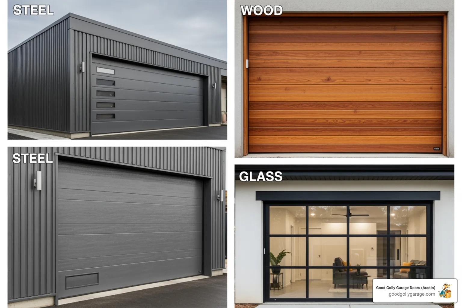 collage showing different garage door materials like steel, wood, and glass - garage door installation in liberty hill tx