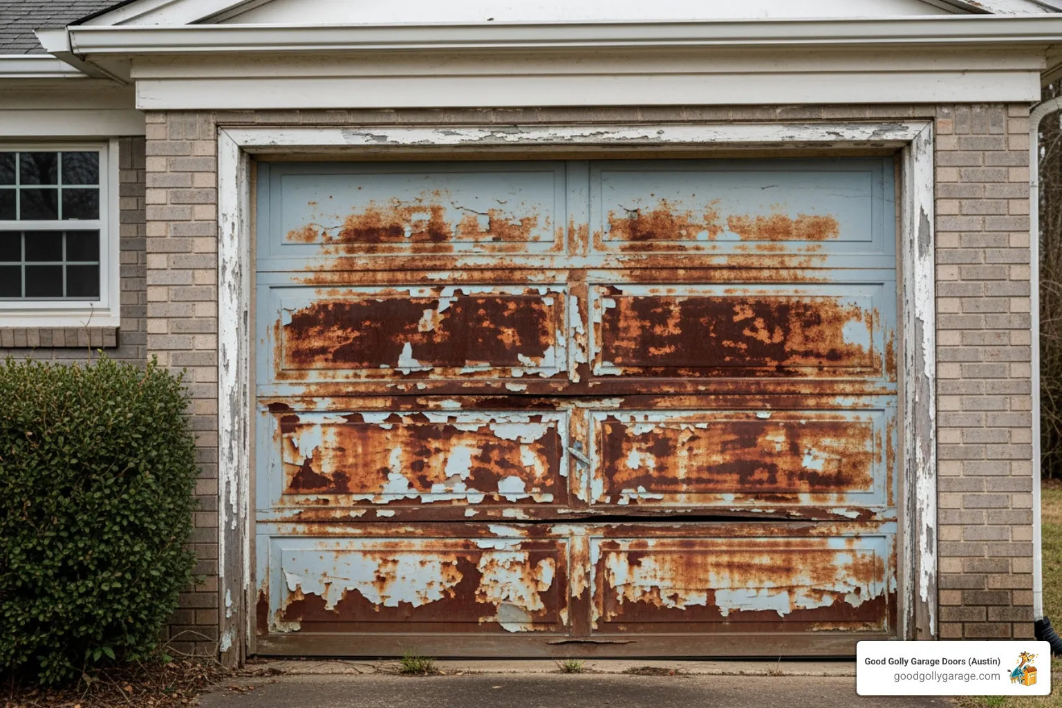 old, dented, and rusted garage door - garage door installation in liberty hill tx