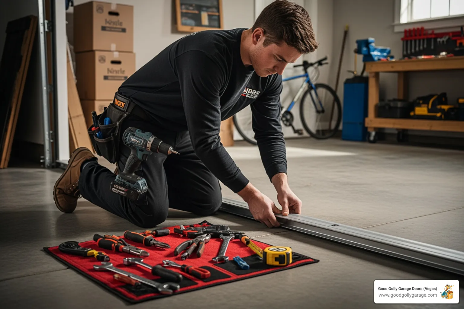 technician installing new garage door section - garage door replacement henderson nv