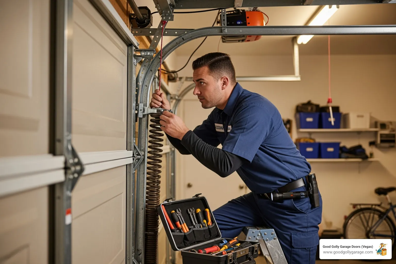 technician inspecting garage door spring system - garage door replacement henderson nv