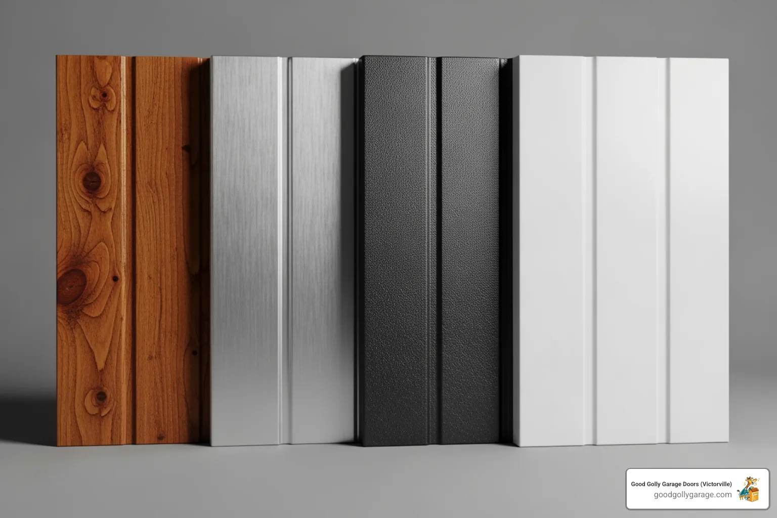 swatches of different garage door materials like steel, wood, and aluminum - best garage door installation in hesperia ca