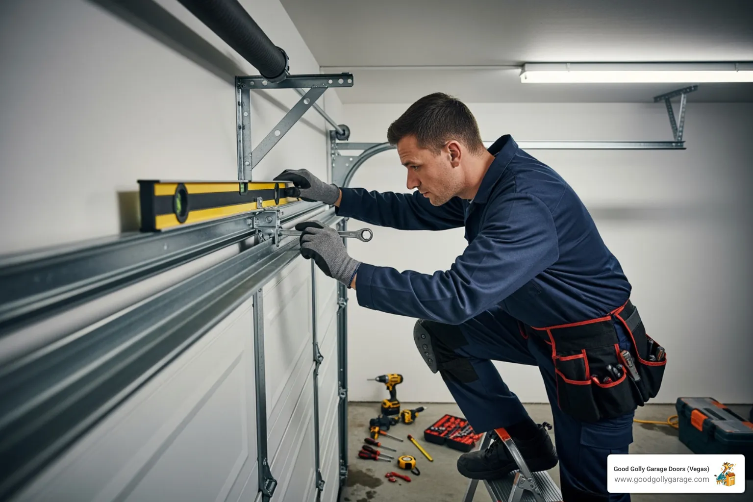 A skilled technician carefully aligning a garage door track during installation, emphasizing precision and expertise - garage door installation henderson nv