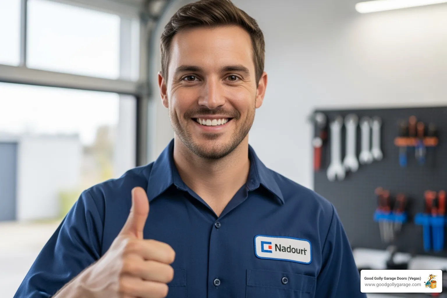 A friendly, uniformed technician smiling and giving a thumbs up, representing professionalism and expertise - garage door installation henderson nv
