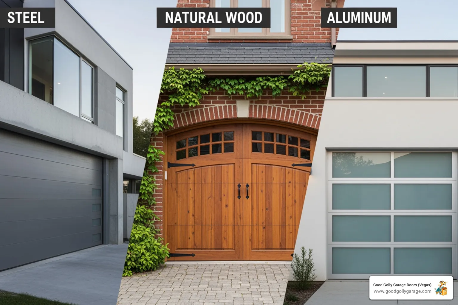 A collage showing different garage door materials like steel, wood, and aluminum, each suited for various architectural styles and climates - garage door installation henderson nv