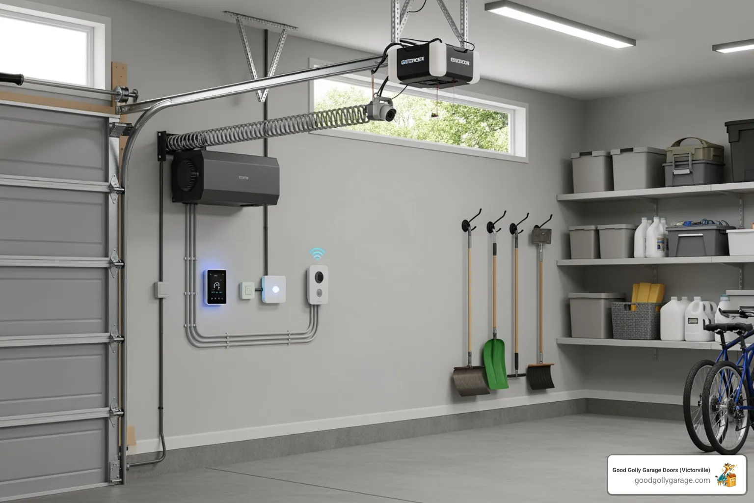 A wall-mounted jackshaft garage door opener with smart home integration devices - garage door installation in phelan ca