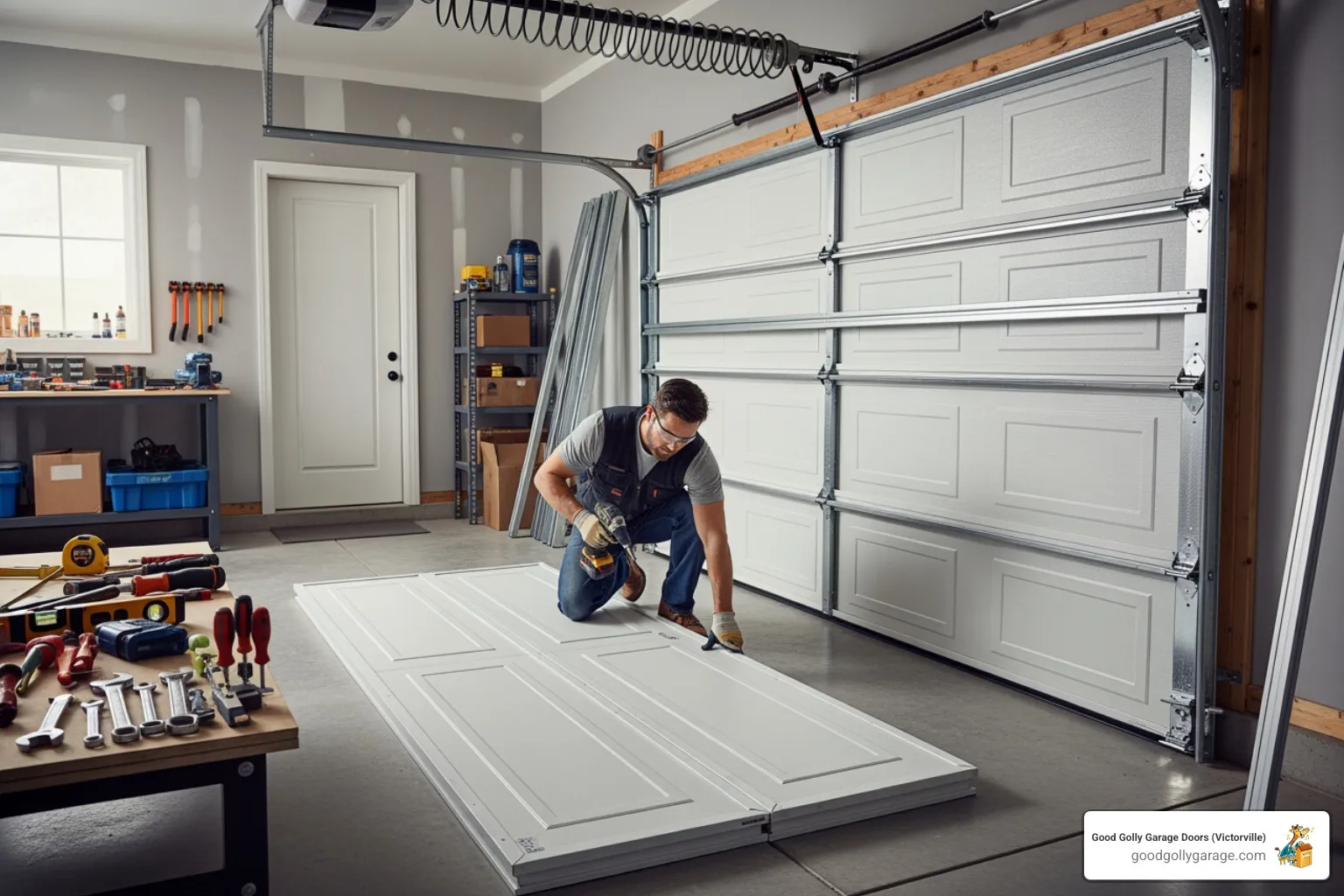 Infographic showing the complete garage door installation process: 1) Assessment and measurement of garage opening, 2) Selection of door material and insulation type, 3) Removal of old door and disposal, 4) Installation of new tracks and hardware, 5) Panel assembly and alignment, 6) Torsion spring installation by certified technician, 7) Opener installation and programming, 8) Safety sensor testing and final balance check - garage door installation in phelan ca