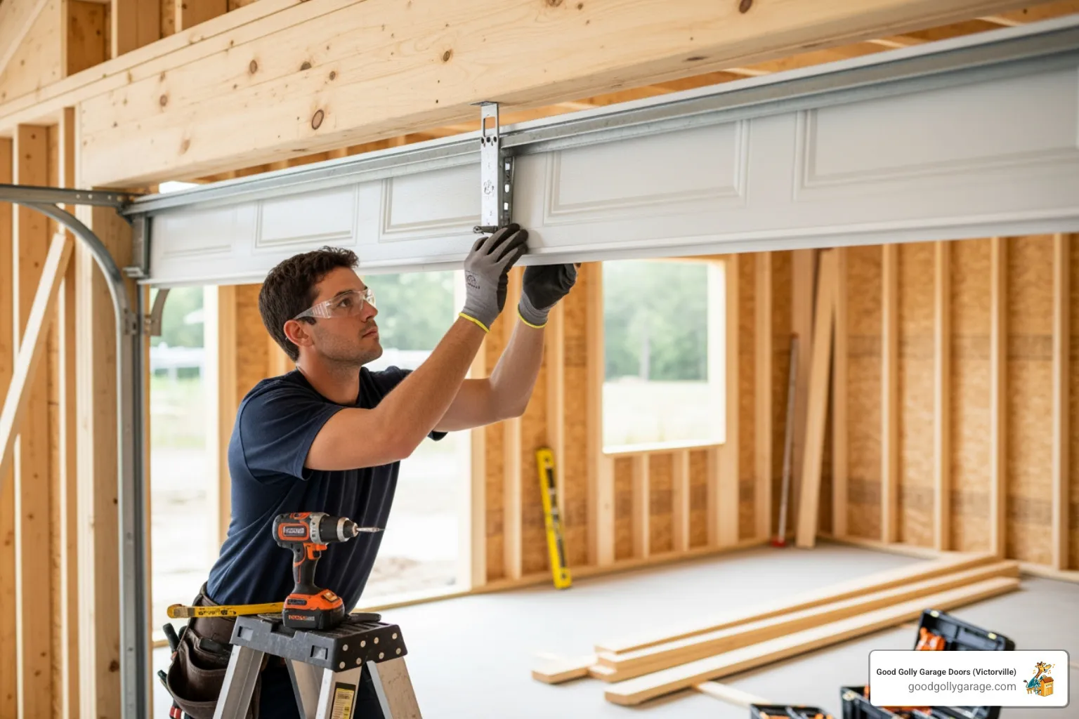 A technician carefully installing a garage door panel - garage door installation in phelan ca