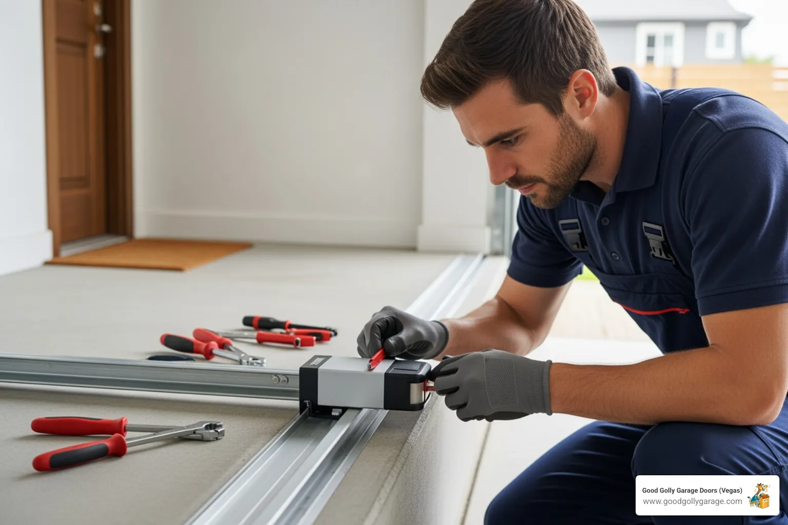 of a uniformed technician carefully aligning a garage door opener safety sensor - garage door opener installation sun city nv