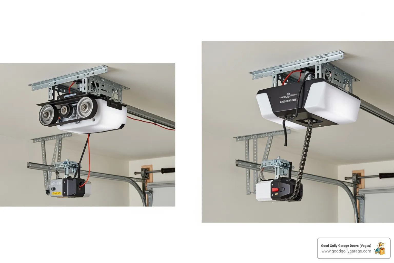 showing a comparison of belt drive, chain drive, and wall-mount openers - garage door opener installation sun city nv