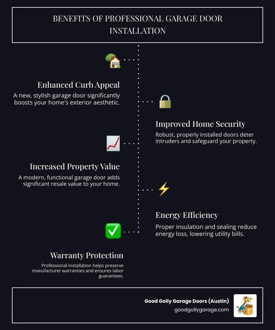infographic showing the benefits of professional garage door installation including improved home security, increased property value, enhanced curb appeal, energy efficiency, and warranty protection - "What are the best local companies for new garage door installation in the Austin area?" infographic infographic-line-5-steps-dark