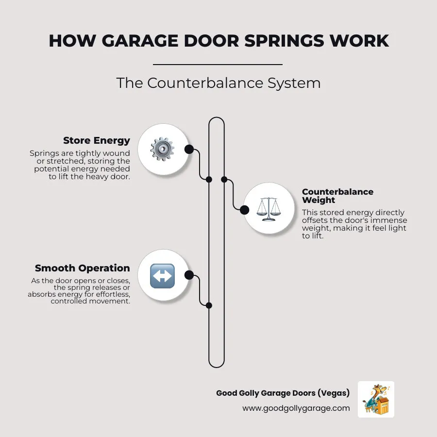 Infographic showing how garage door springs act as a counterbalance system, storing and releasing energy to lift and lower the heavy garage door, ensuring smooth and safe operation - garage door spring broken repair paradise nv infographic infographic-line-3-steps-elegant_beige