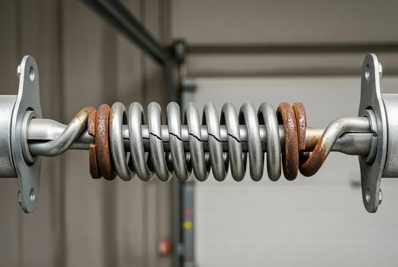 Infographic showing the top 4 causes of garage door spring breakage: 1) Extreme temperature changes causing metal fatigue with thermometer icon, 2) Normal wear and tear with cycle counter showing 10,000 cycles, 3) Rust and corrosion with corroded spring coil illustration, 4) Poor maintenance with neglected spring and warning symbol - why is my garage door spring broken las vegas nv