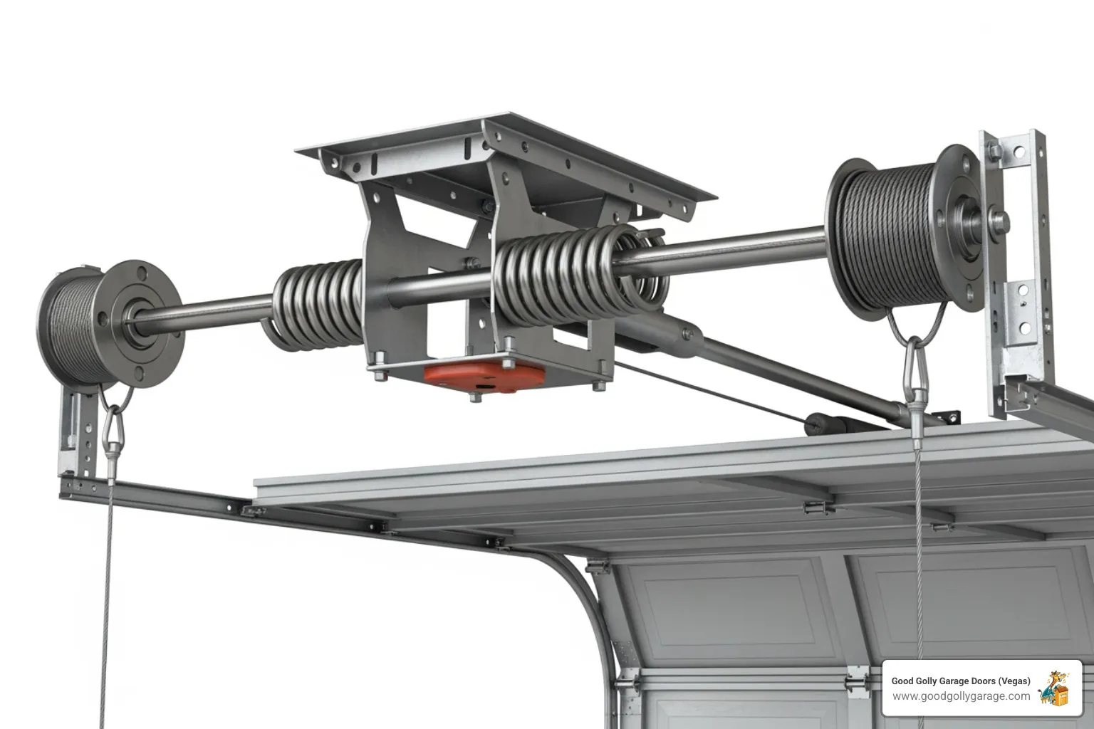 infographic showing garage door spring counterbalance system with labeled parts including torsion spring mounted above door, cable drums, door panels with weight indicator showing 135 lbs, and comparison of balanced door feeling like 8-10 lbs versus unbalanced door with broken spring, plus cycle counter showing typical 10,000 cycle lifespan - why is my garage door spring broken henderson nv