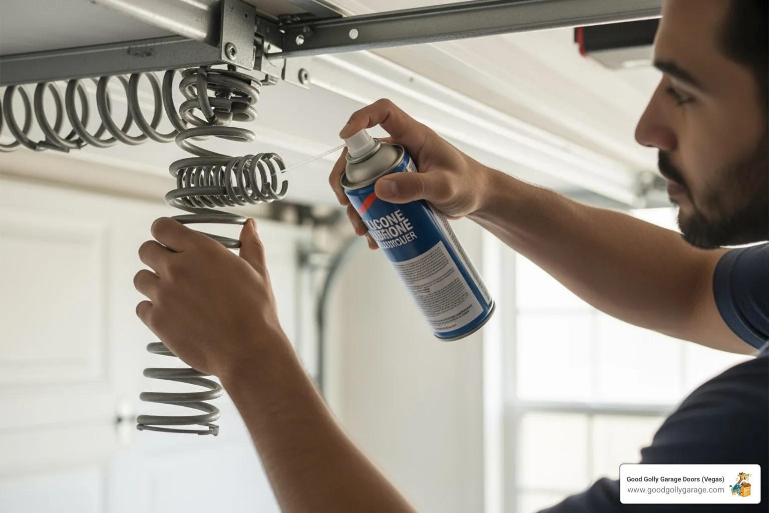 image of a homeowner applying a silicone-based lubricant to a garage door spring - why is my garage door spring broken henderson nv