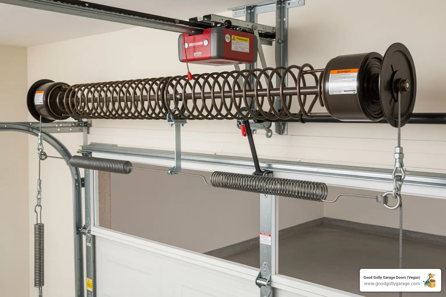 image comparing a torsion spring above a garage door and an extension spring on the side - why is my garage door spring broken henderson nv