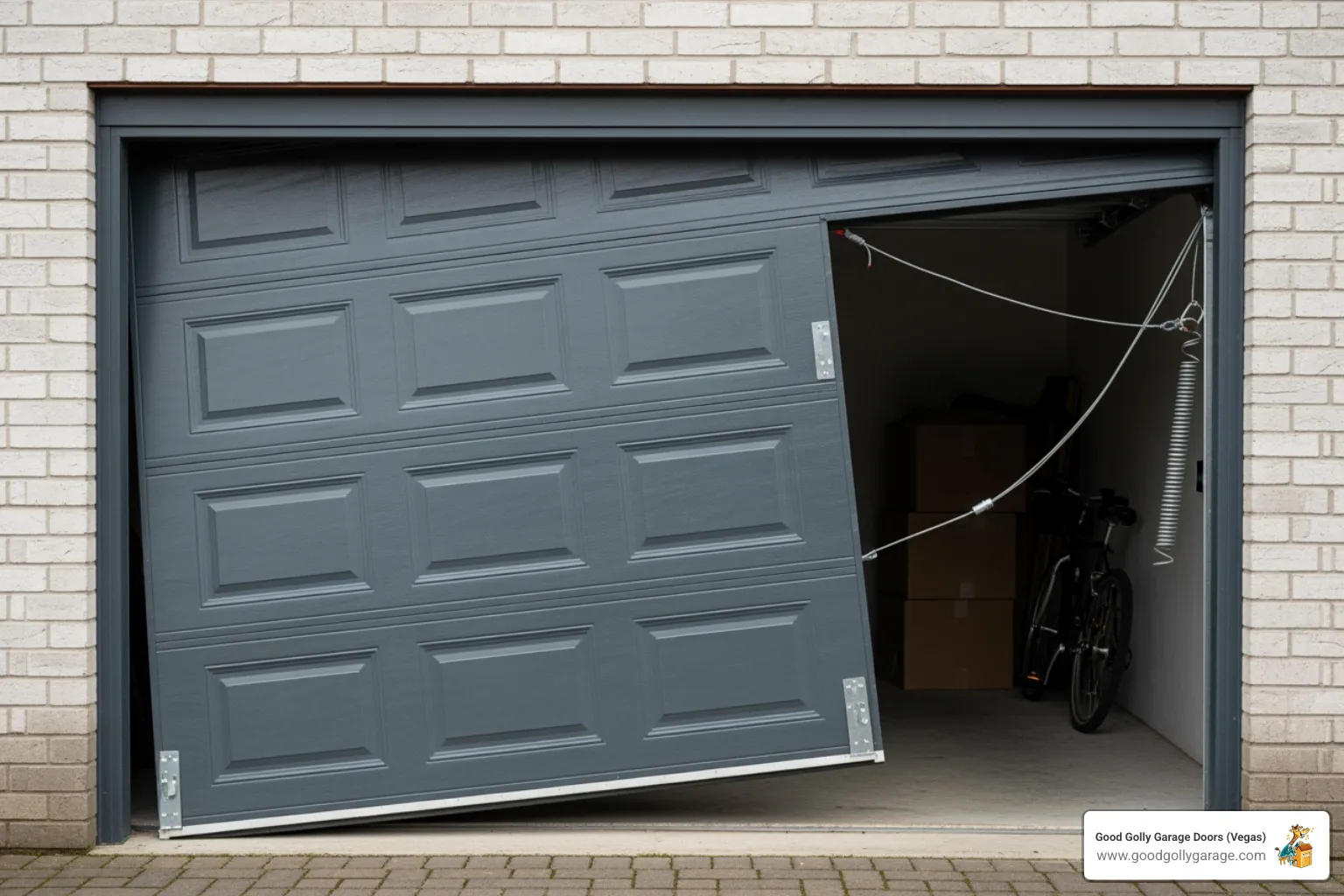 image of a garage door that is visibly crooked or stuck halfway open - why is my garage door spring broken henderson nv