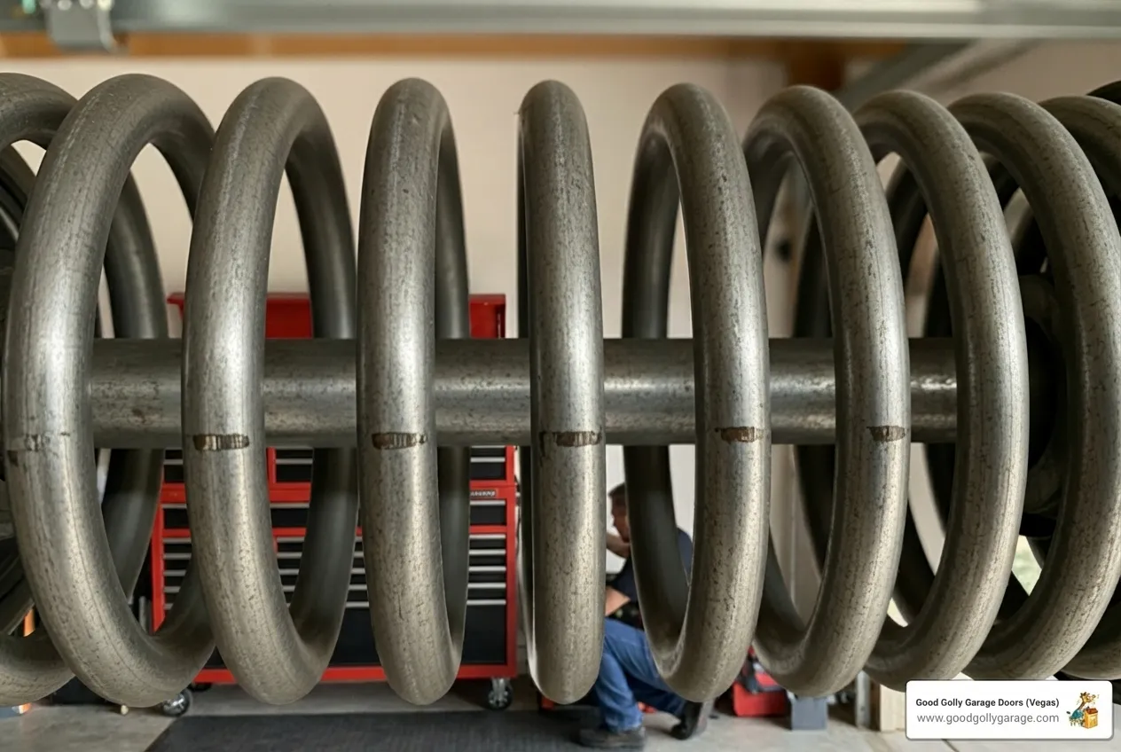 infographic showing the lifecycle of a garage door spring from installation through 10,000 cycles to failure, with common causes listed: wear and tear, desert heat stress, rust formation, and metal fatigue, alongside warning signs like loud bangs, visible gaps, and door operation failure - Why Is My Garage Door Spring Broken North Las Vegas NV