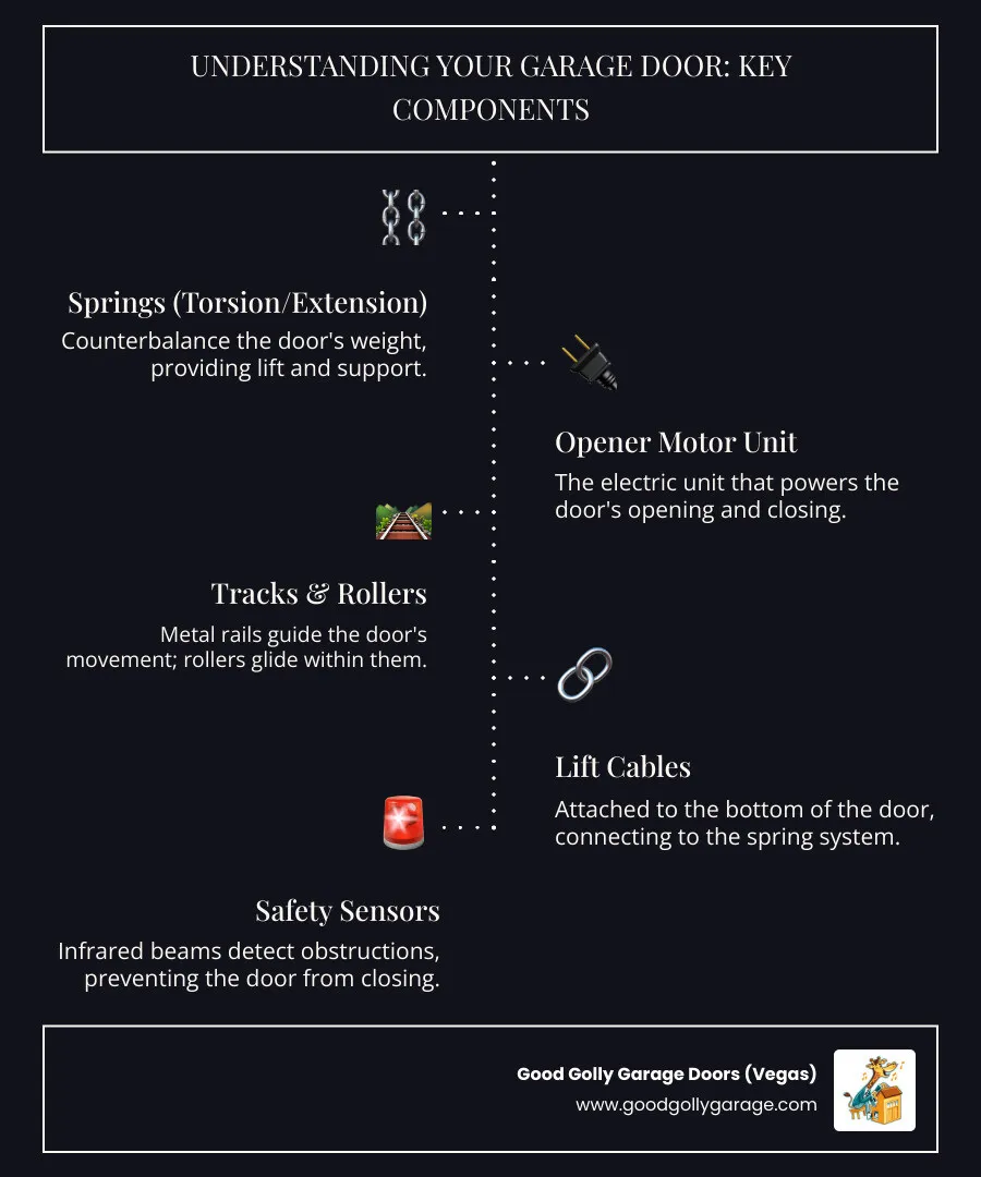 Infographic showing the main components of a garage door system: torsion springs mounted on a shaft above the door providing lift force, extension springs on either side for weight distribution, the opener motor unit mounted to the ceiling, metal tracks guiding the door up and down, rollers that move along the tracks, safety sensors at the bottom of the door frame, and lift cables running from the bottom corners to the spring system - garage door stuck north las vegas nv infographic infographic-line-5-steps-dark