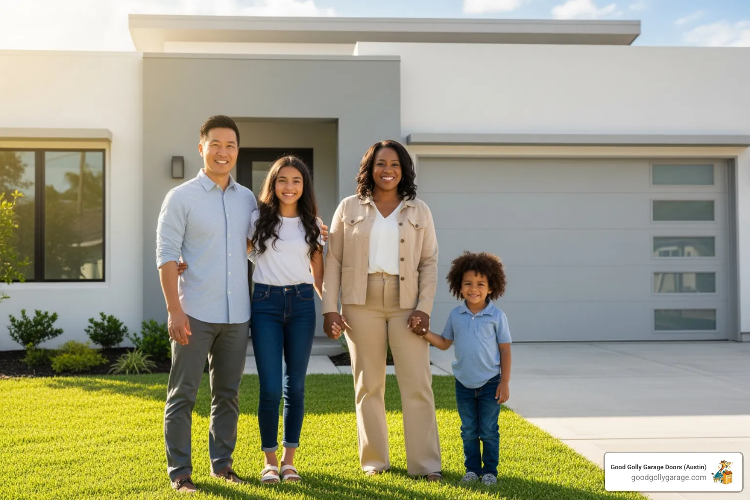 A smiling family stands in front of their home, which features a perfectly maintained, modern garage door - garage door maintenance in round rock tx