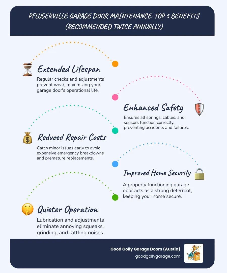 infographic showing the key benefits of regular garage door maintenance including extended lifespan, improved safety, reduced emergency repair costs, better home security, quieter operation, and warranty protection with recommended maintenance frequency of twice per year - best garage door maintenance in pflugerville tx infographic infographic-line-5-steps-blues-accent_colors