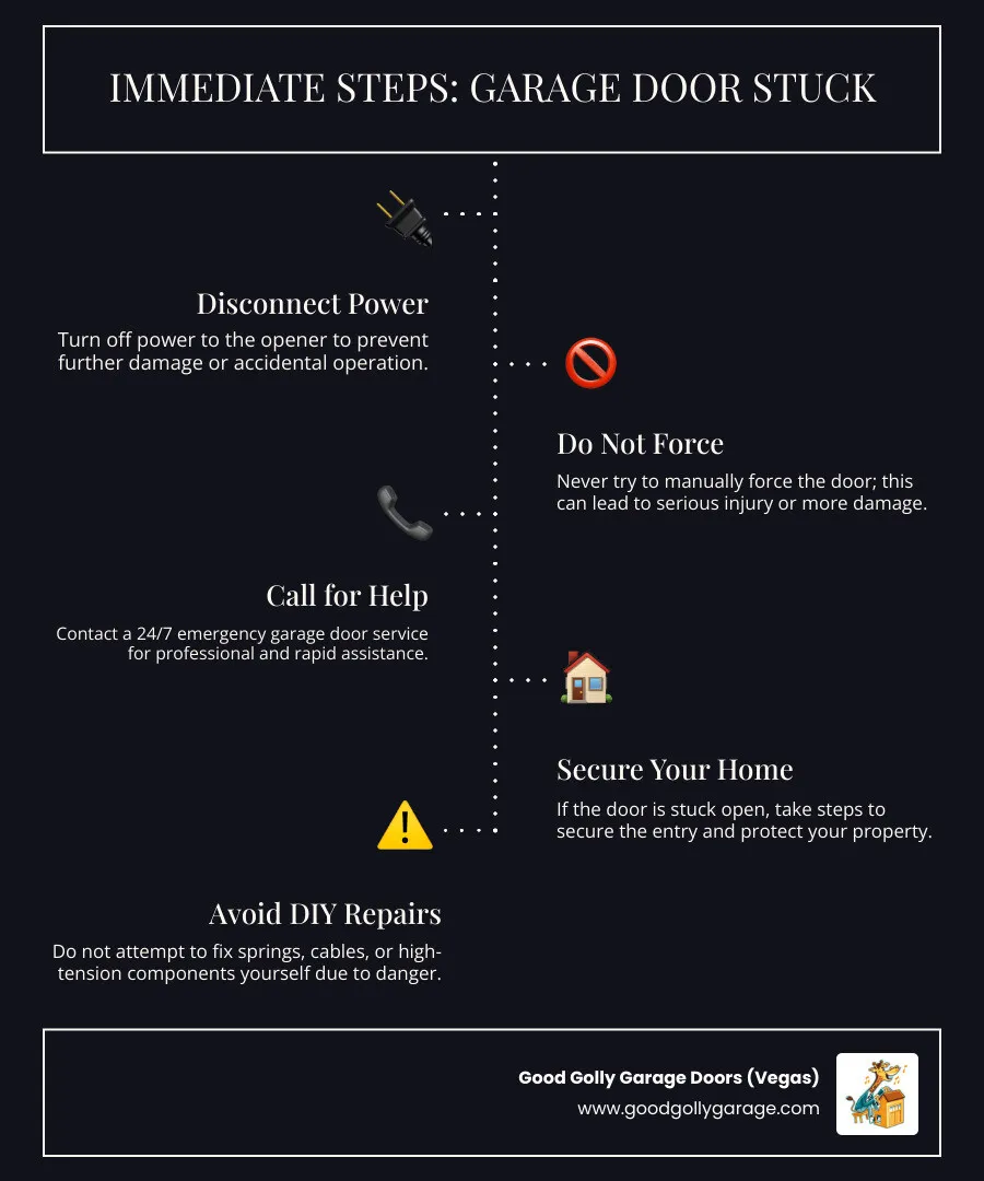 Infographic showing immediate steps when a garage door gets stuck: disconnect power to prevent damage, do not force the door open or closed, call 24/7 emergency service immediately, secure the area if door is stuck open, and never attempt DIY repairs on springs or cables - emergency garage door stuck las vegas nv infographic infographic-line-5-steps-dark