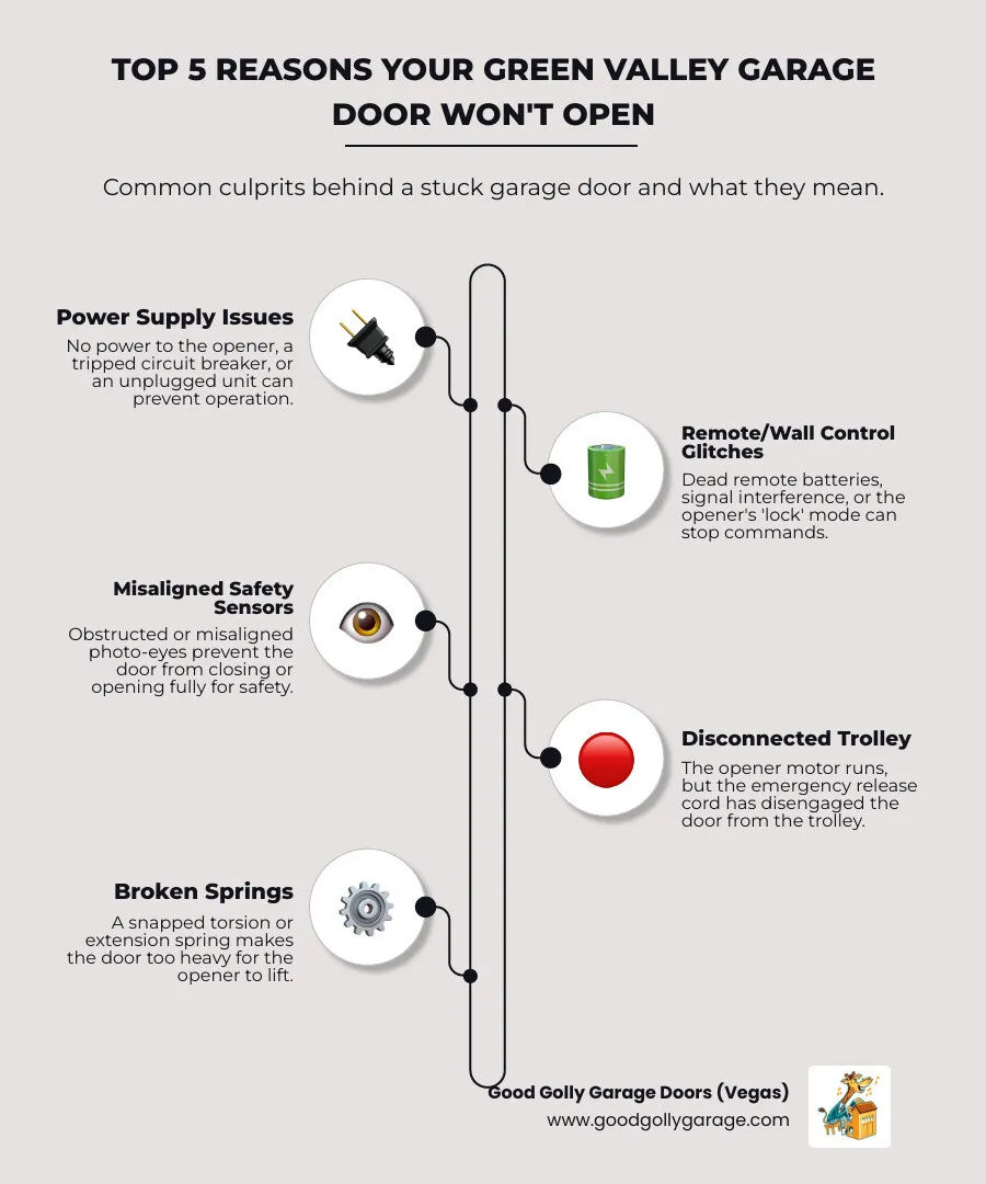 Infographic showing the top 5 reasons a garage door won't open: broken springs (shown with a torsion spring with visible gap), power supply issues (circuit breaker panel), disconnected trolley (emergency release cord), misaligned safety sensors (photo-eyes with indicator lights), and damaged tracks or cables (bent track with roller) - why is my garage door won't open green valley nv infographic infographic-line-5-steps-elegant_beige